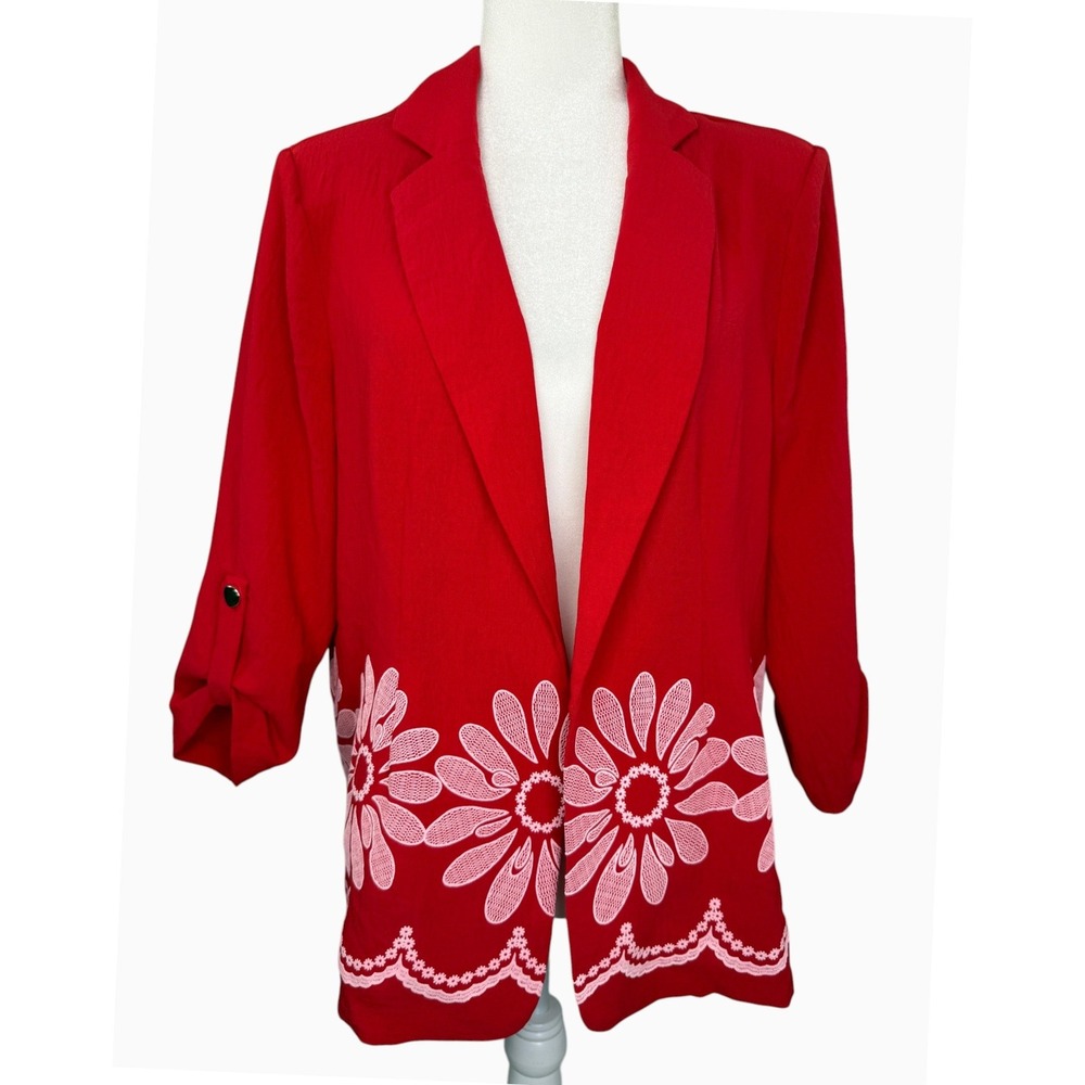 Messini Women's L Red White Floral Print Open Front Blazer Roll Tab Sleeve